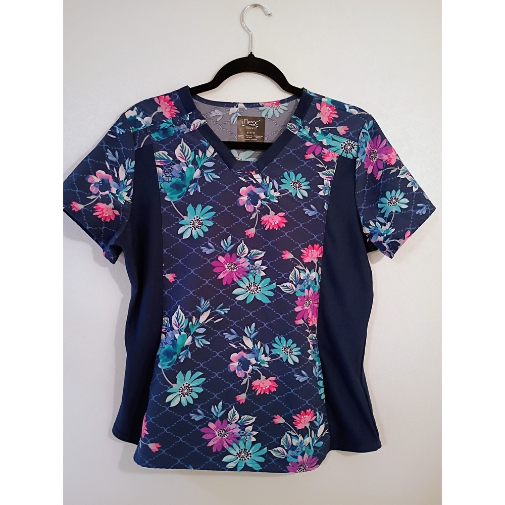 Cherokee iFlex Women's Floral V Neck Scrub Top Short Sleeve Navy M‎